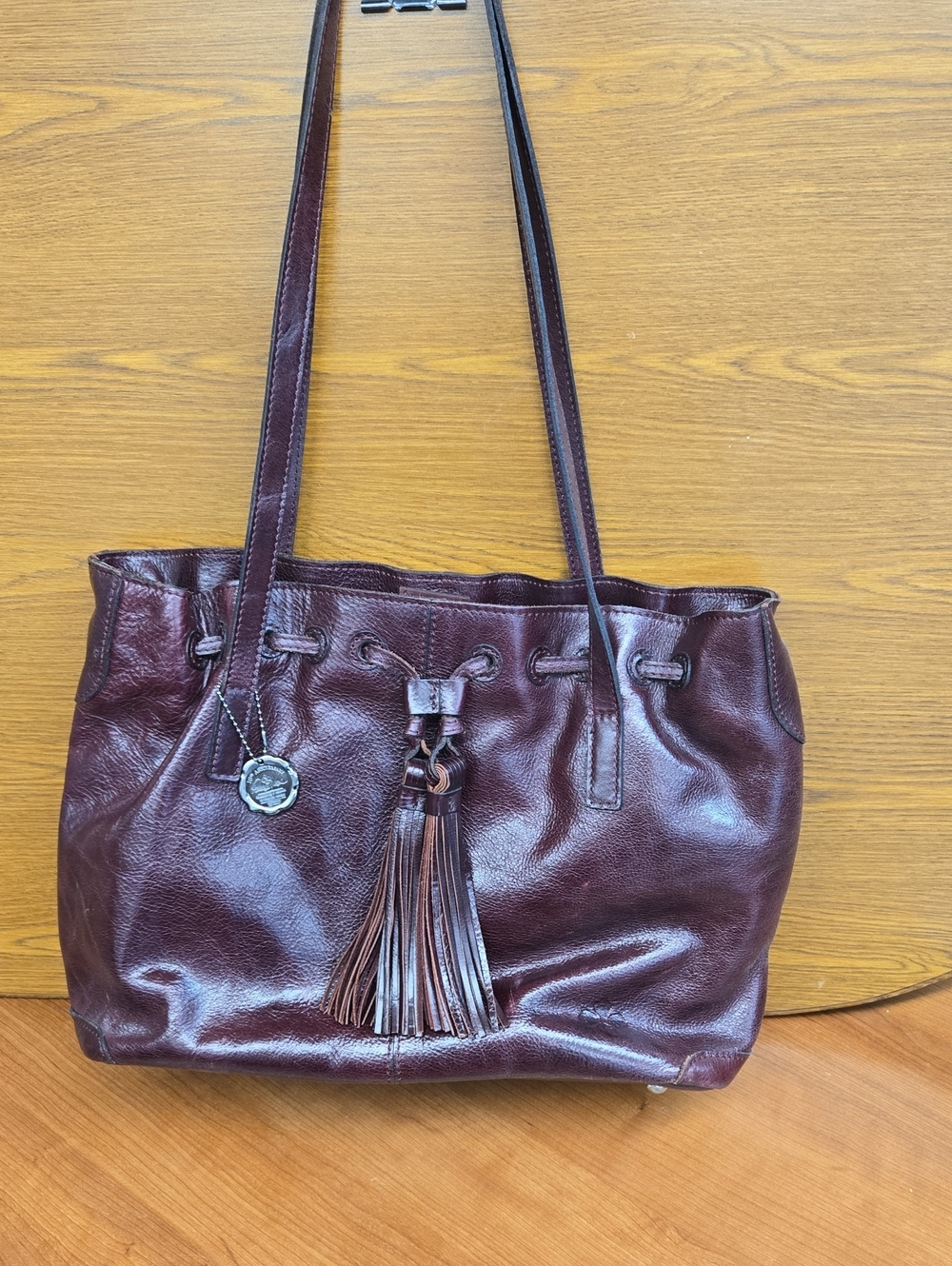 Patricia Nash Deep Burgundy Leather Shoulder Tote with Tassel